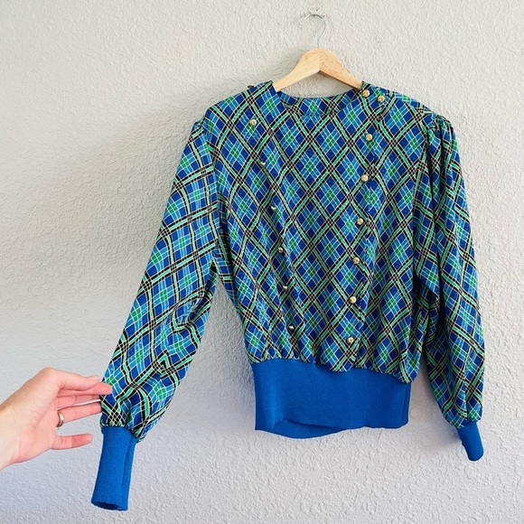 Vintage plaid gold button long sleeve blouse - Picture 7 of 13